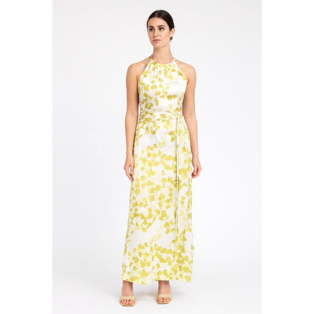 Douglas Hannant Silk Blend Chiffon Maxi Dress Green Leaf Print - Size 8